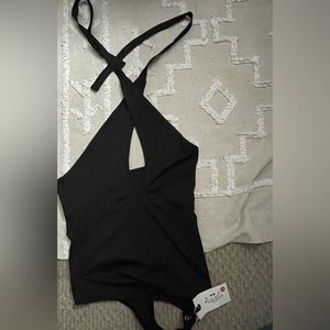 Cross cross black bodysuit top